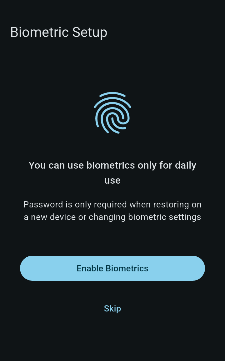 Secret Fort biometric setup screen